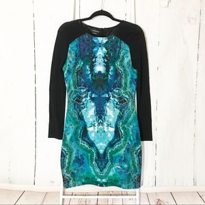 Bebe watercolor blue green bodycon dress